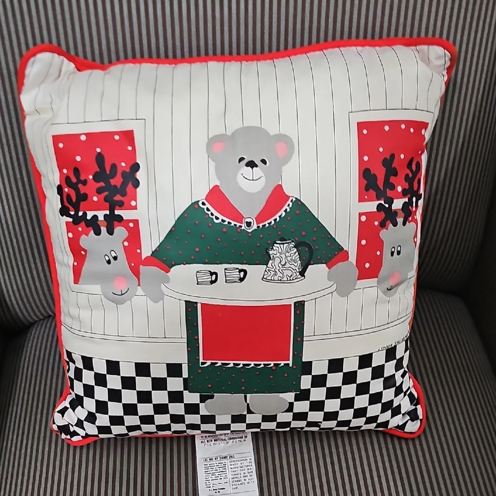 Festive Bear Holiday Pillow - Red and Green